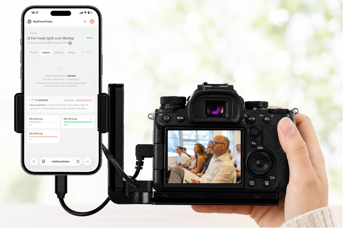 A phone connected to a camera by cable, showing the RealTime.Photos upload screen with photos transferring